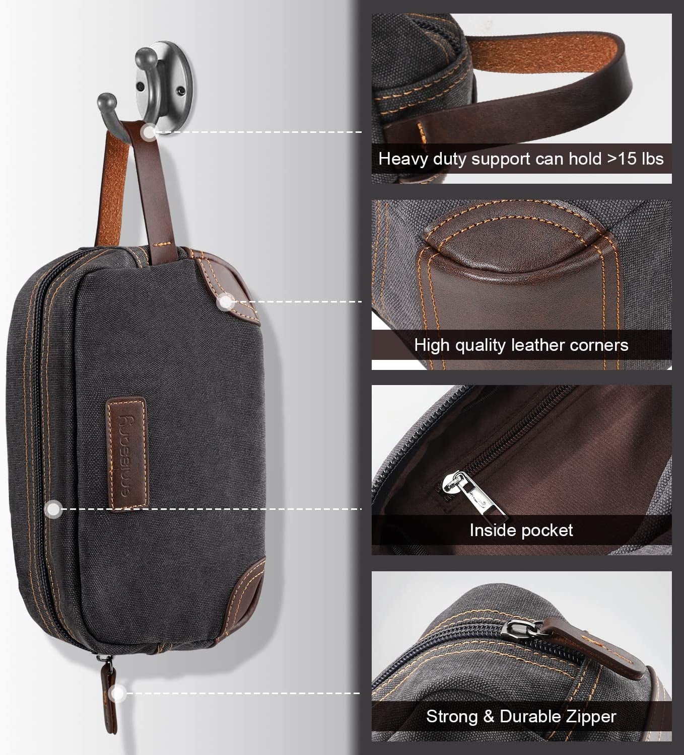 Travel Toiletry Bag for Men, Leather and Canvas Toiletry Bags, Dopp Kit for Men, Travel Bathroom Bag Men'S Shaving Kit, Travel Kit Small Bag for Men, Shaving Bag for Travel Accessories (Gray)